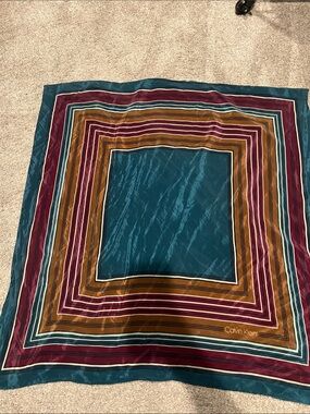 Calvin Klein Teal, Burgundy, Mustard Striped Silk Square Scarf